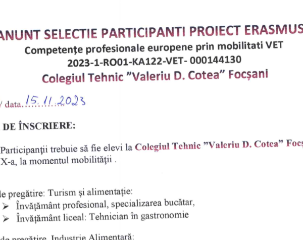 ANUNT SELECTIE PARTICIPANTI ERASMUS +